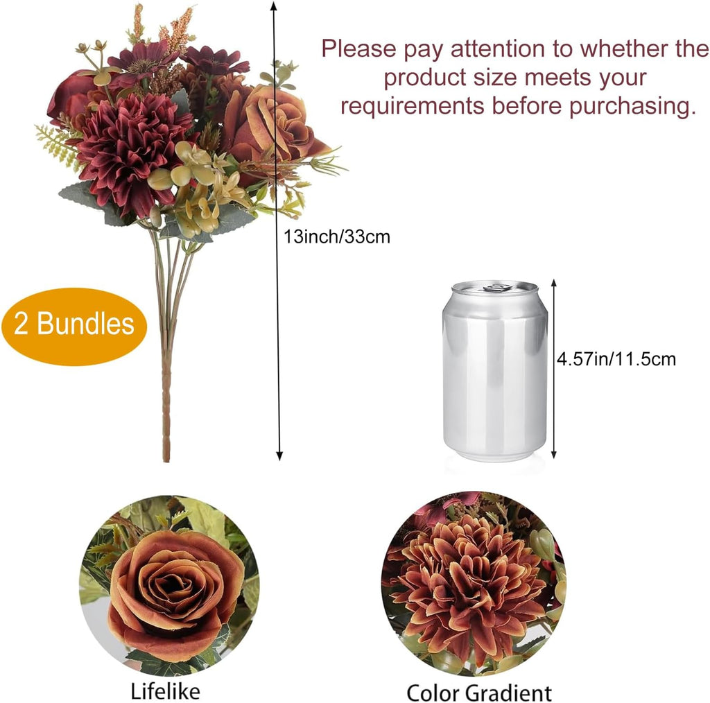 2-Piece Artificial Fall Flower Bouquet – Orange & Red Silk Roses, Hydrangeas & Sunflowers