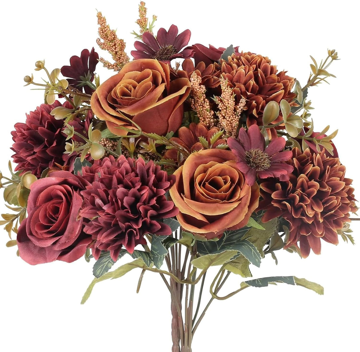 2-Piece Artificial Fall Flower Bouquet – Orange & Red Silk Roses, Hydrangeas & Sunflowers