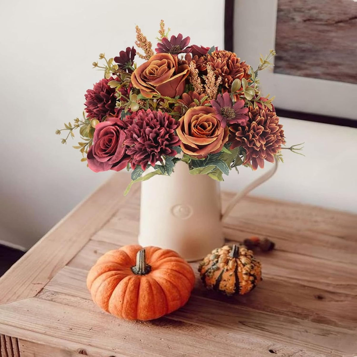 2-Piece Artificial Fall Flower Bouquet – Orange & Red Silk Roses, Hydrangeas & Sunflowers